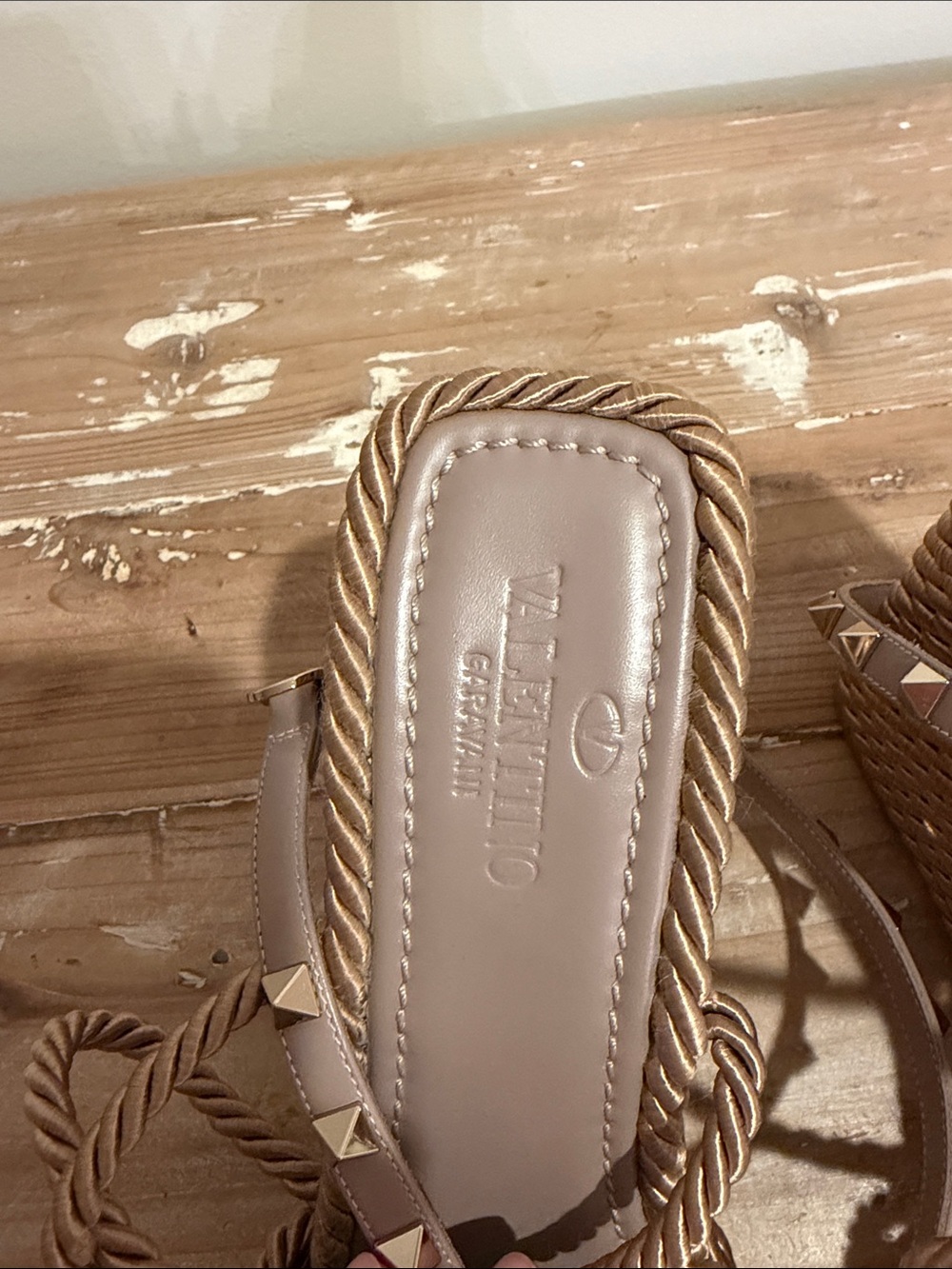 Valentino Garavani Tan Braided Rope Wedge Rockstud Sandals with Studded Straps - Picture 2 of 4